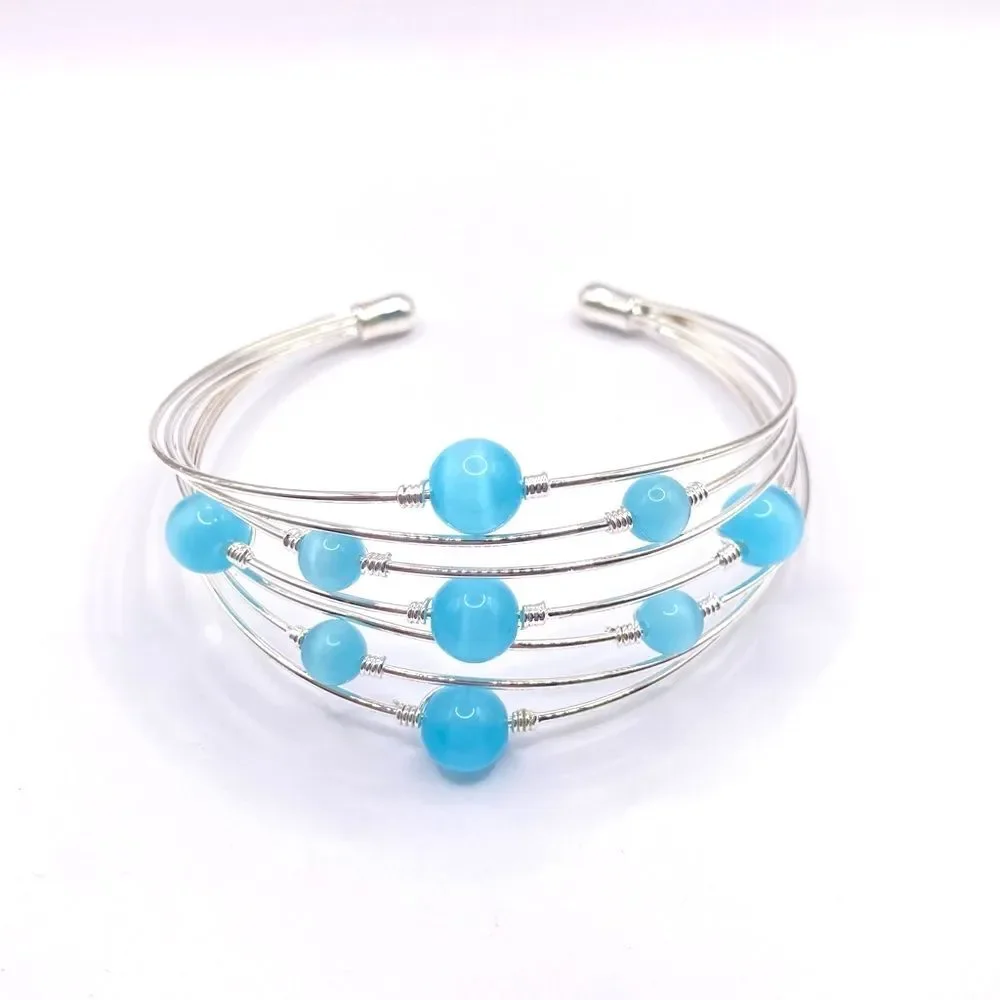 Silver Wire Blue Glass Bead Floating Cuff Bracelet